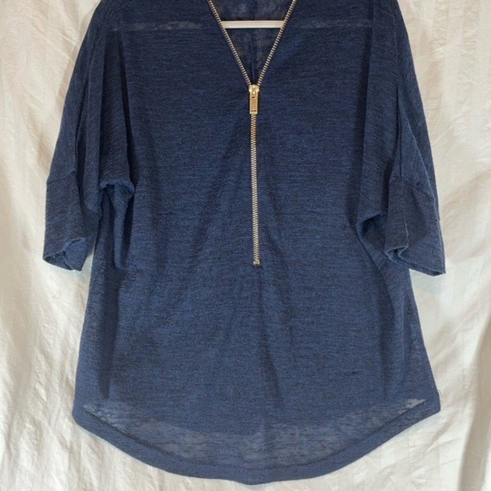 Say What? Womens Navy Blue Marled Half Zip‎ Dolman Sleeve Knit Top Large